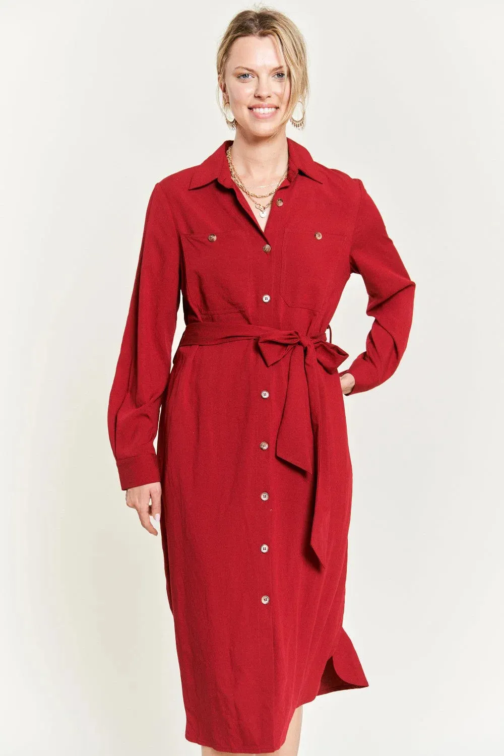 SOLID BUTTON DOWN BELTED LONG RED DRESS