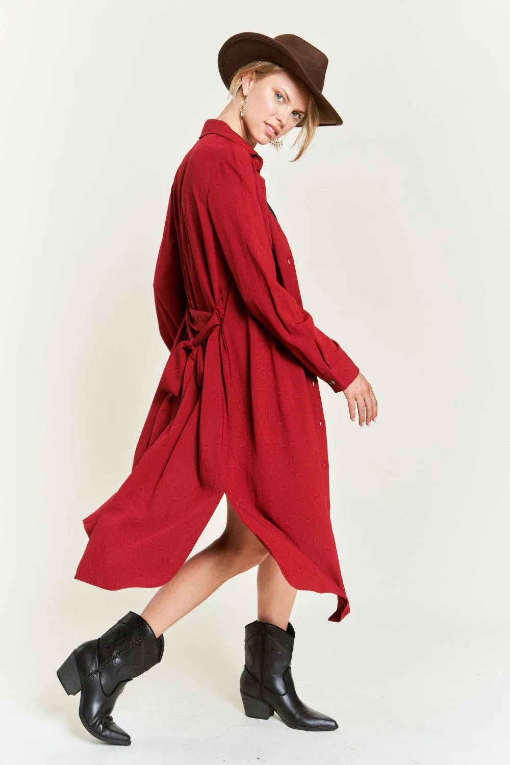 SOLID BUTTON DOWN BELTED LONG RED DRESS