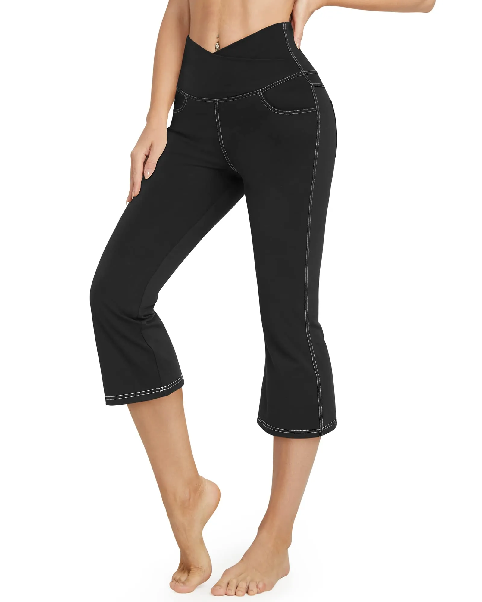 Stretch Crossover Waist Capri Flare Casual Pants