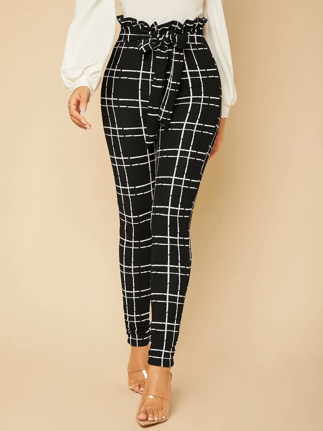 Tall Plaid Paper Bag Waist Skinny Pants