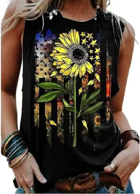 Women American Flag Sunflower Tank