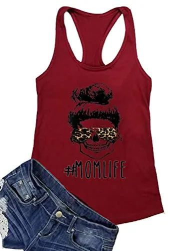 Women Mom Life Tank Top Leopard Skull Mom Shirt