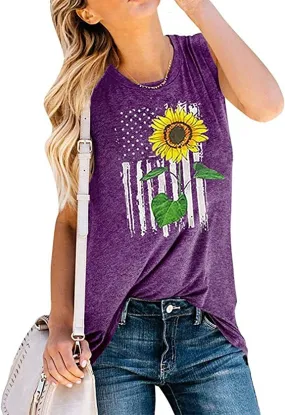 Women Sunflower American Flag Tank Tops Sunflower Graphic Shirt