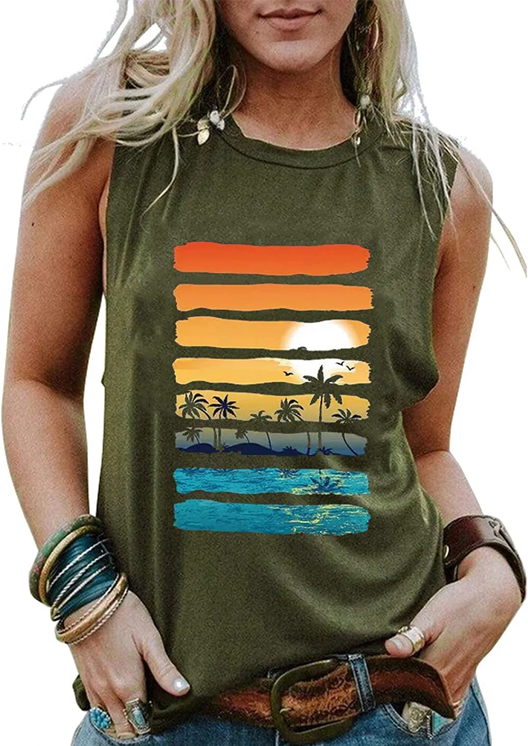 Women Sunshine Sunset Lake Beach Graphic Tank Tops