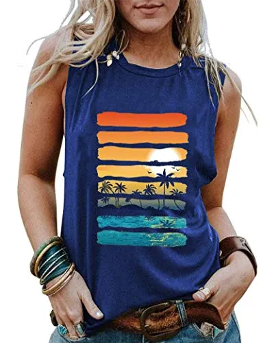 Women Sunshine Sunset Lake Beach Graphic Tank Tops