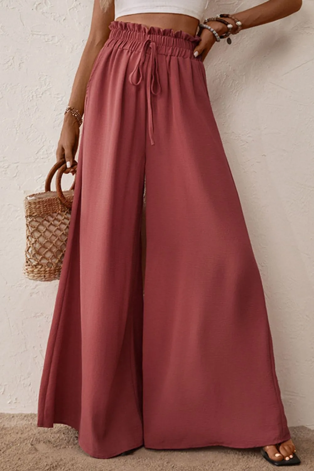 Women's Smocked Paperbag Waist Wide Leg Pants