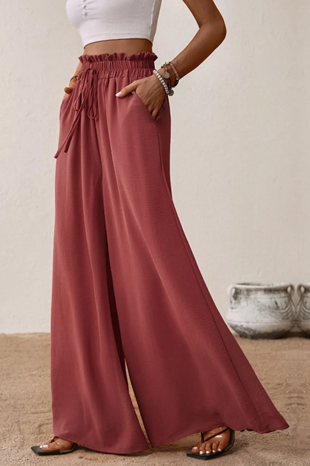 Women's Smocked Paperbag Waist Wide Leg Pants